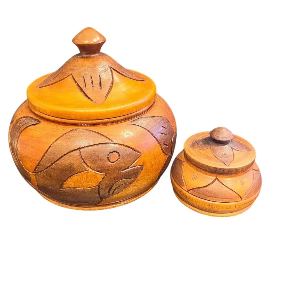 Haitian Hand-Carved Two Toned Monkey Pod Wood Lidded Bowls Vintage Folk Art Fish